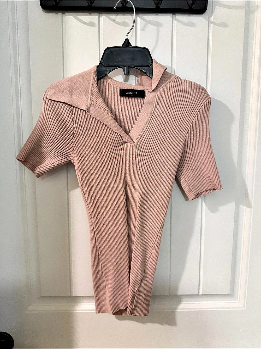 ZESICA Ribbed Short Sleeve Polo in Pink Size Small